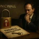 Man in suit contemplating over firewall configuration documents and padlock.