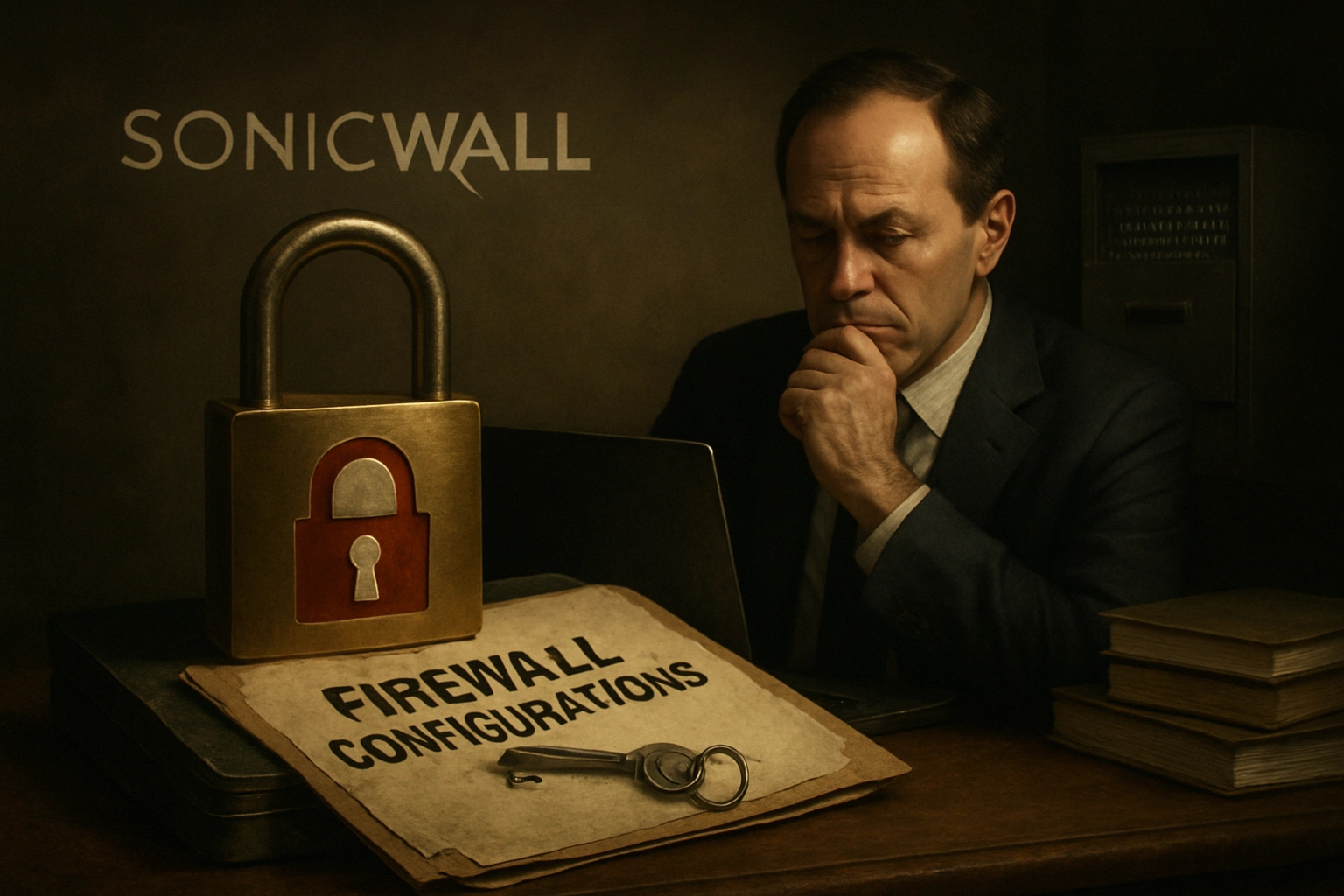 Man in suit contemplating over firewall configuration documents and padlock.