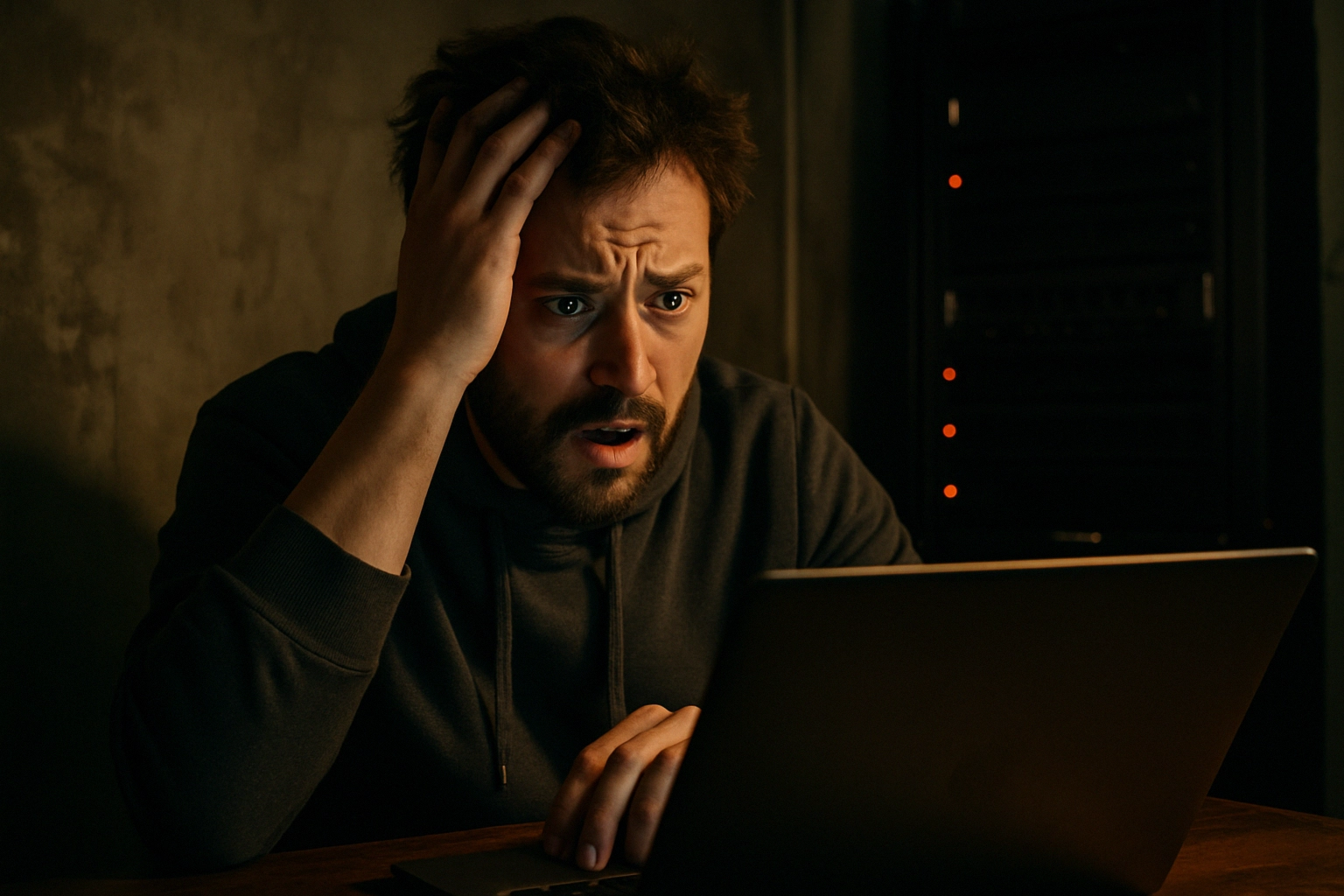 Man in a hoodie displaying shock while looking at a laptop screen.