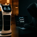 Робот-курьер с кошачьей эстетикой в кафе на фоне пользователя за ноутбуком.
