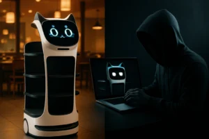Critical Vulnerabilities in Pudu Robotics’ Service Robots Exposed and Remediated Robot with cat features stands next to a person on laptop in a dimly lit setting.