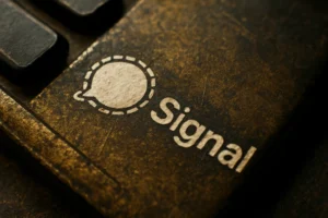 Логотип мессенджера Signal на металлической поверхности с текстурой.