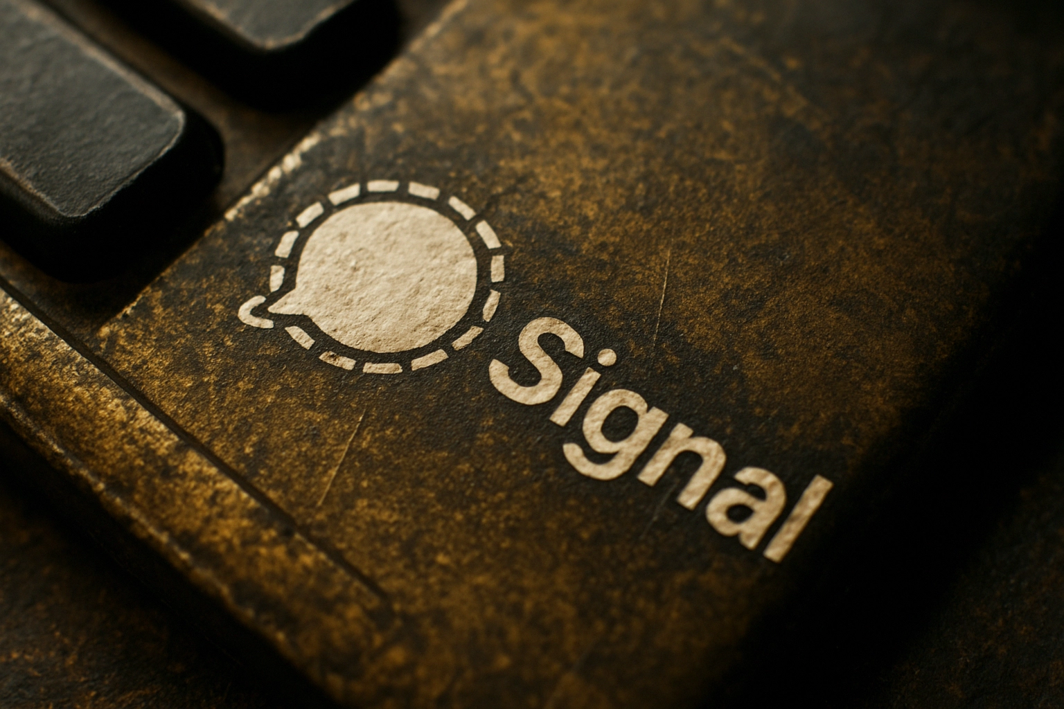 Nahaufnahme des "Signal"-Logos auf einer dunklen Oberfläche.