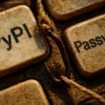 Close-up of a keyboard showing "PyPI" and "Password" keys with a fishing hook.