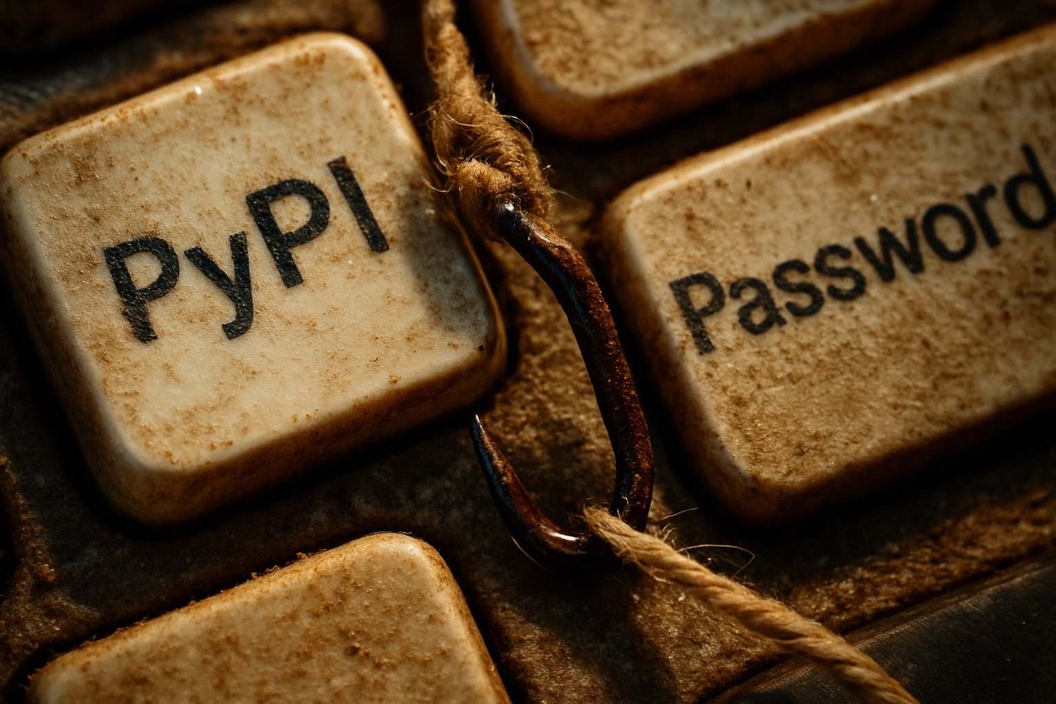 Close-up of a keyboard showing "PyPI" and "Password" keys with a fishing hook.