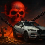 White luxury car chained amidst gold coins and a red skull backdrop.