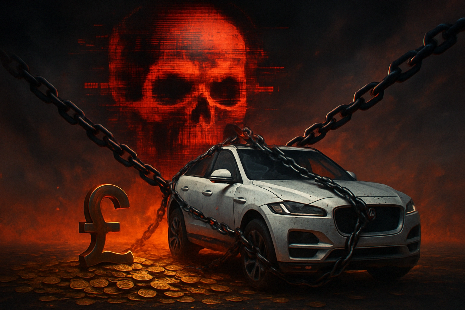 White luxury car chained amidst gold coins and a red skull backdrop.