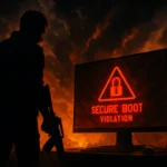 Silhouette of a person with a weapon near a glowing monitor displaying a warning.