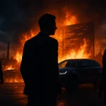 Drei Personen in Anzügen stehen vor einem lodernden Feuer und einem futuristischen Fahrzeug.