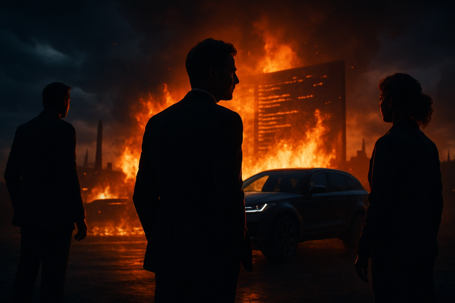 UK Export Finance respalda a Jaguar Land Rover con garantía de £1.5 mil millones tras ciberataque Tres figuras silueteadas frente a un incendio y un coche moderno.