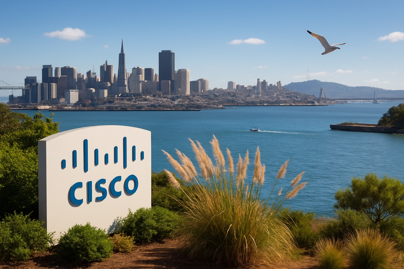 Cisco sign in front of San Francisco skyline, blue water, and clear sky.