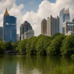 Skyline of modern buildings with lush greenery and calm water in the foreground.