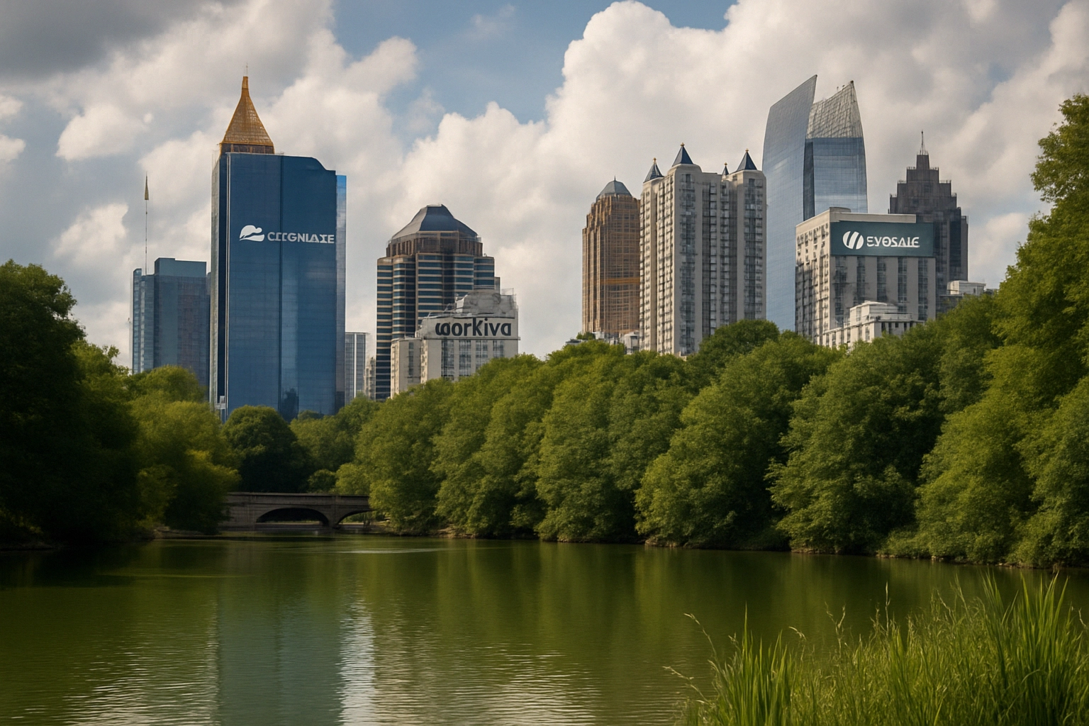 Skyline of modern buildings with lush greenery and calm water in the foreground.
