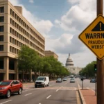 Warning sign about fraudulent websites with Capitol building in background.