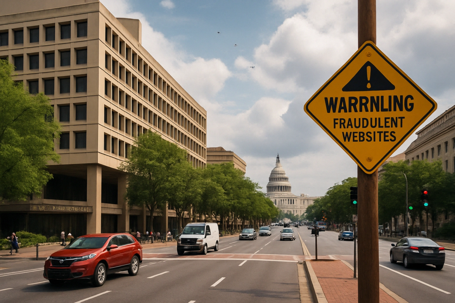 Warning sign about fraudulent websites with Capitol building in background.