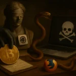 Blindfolded statue holds Bitcoin while a snake slithers towards a laptop with danger symbols.