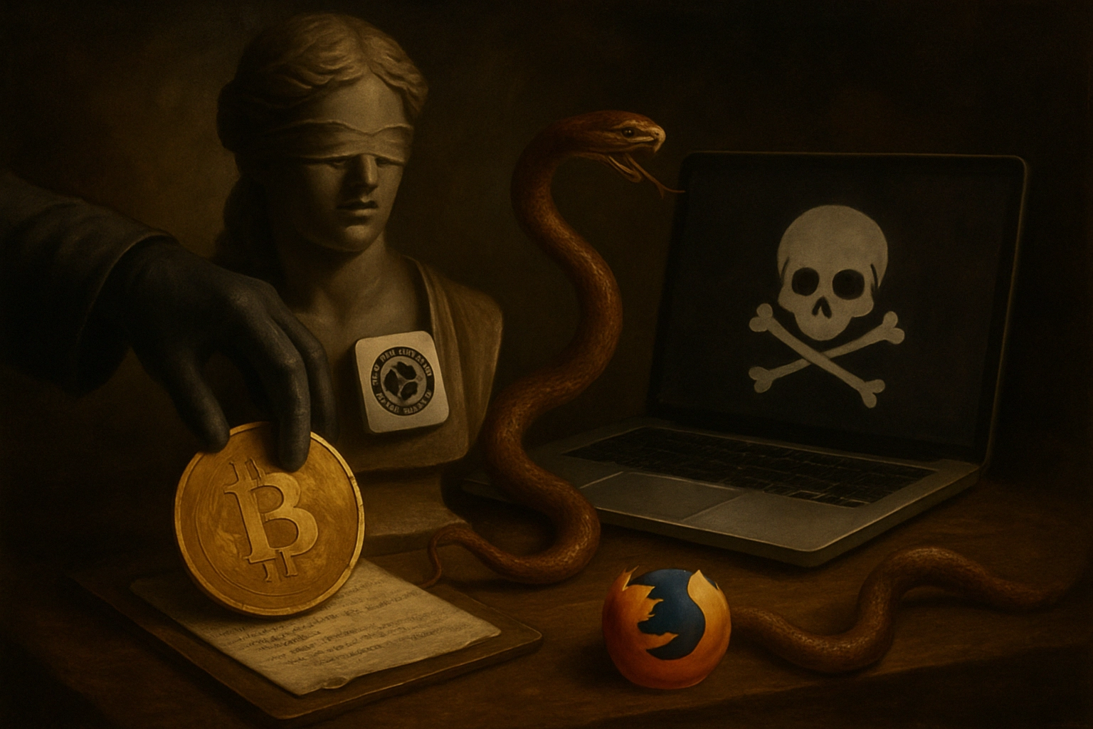 Blindfolded statue holds Bitcoin while a snake slithers towards a laptop with danger symbols.