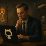 Hombre con traje trabajando en laptop rodeado de elementos misteriosos.