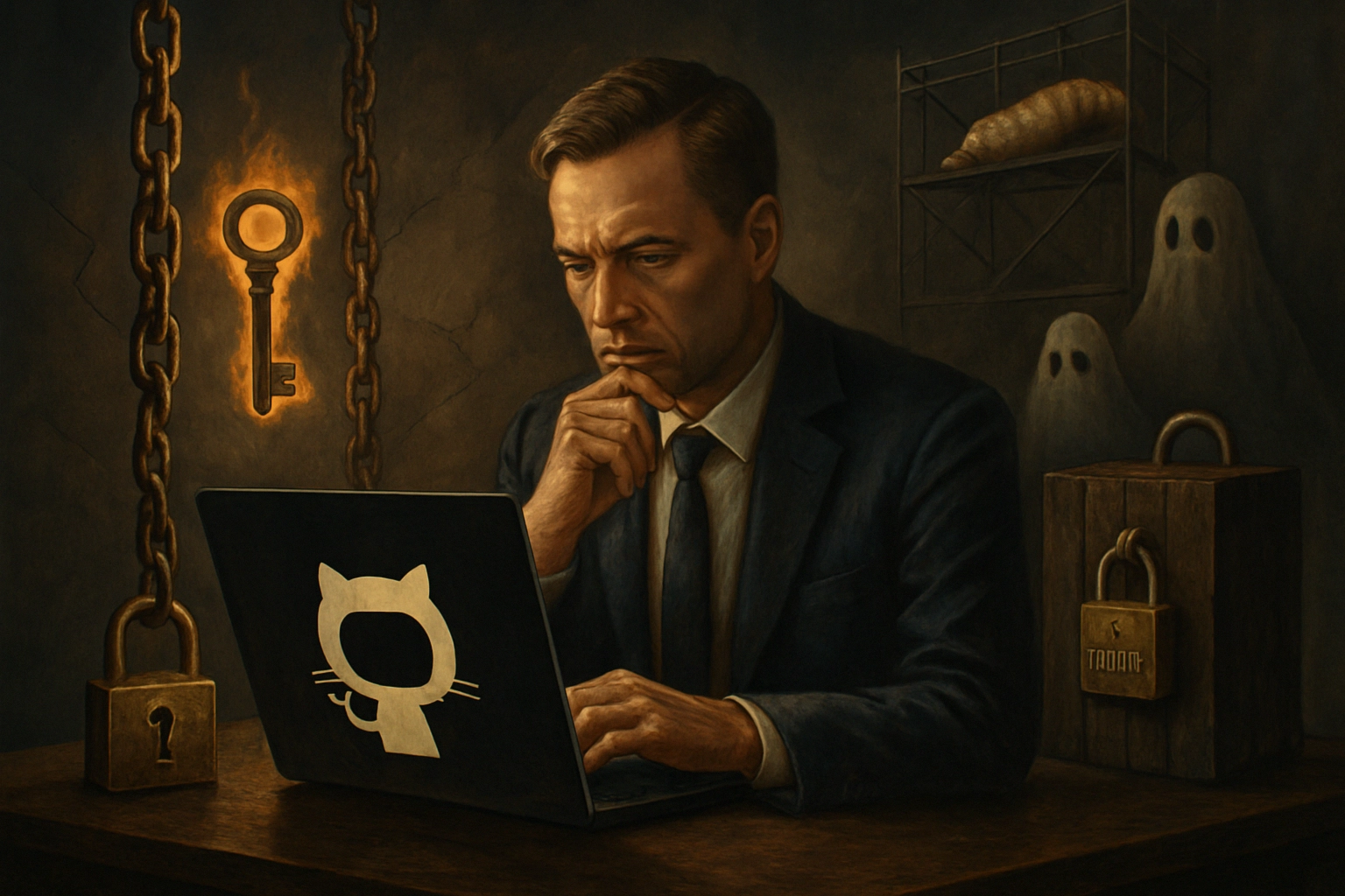 Man in a suit focused on a laptop, surrounded by mysterious elements.