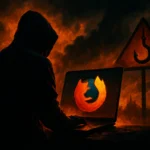 Hooded figure using a laptop with a fiery background and warning signs.