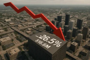 Pirated Video Revenues Fall 14.5% in H1 2025 as Anti-Piracy and Brand-Safety Squeeze CPM Red downward trend indicator over urban skyline showing financial decline.