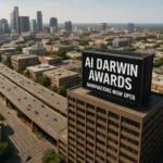 Aerial view of a city with a large sign announcing the AI Darwin Awards.