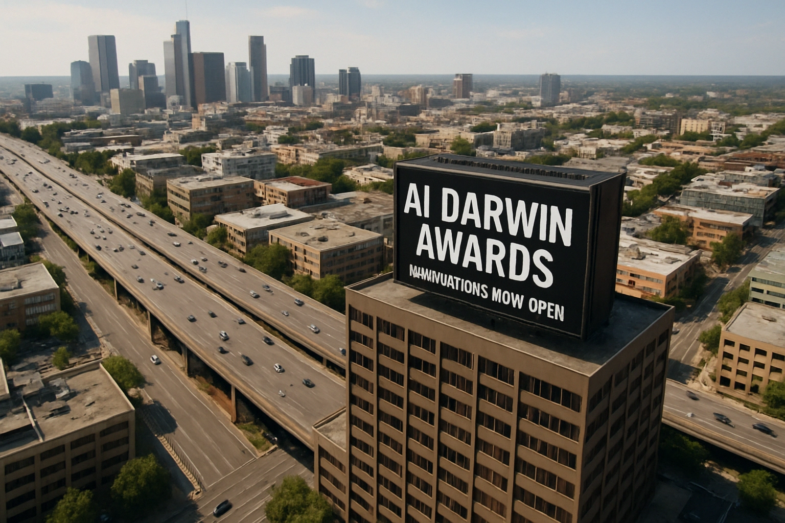 Aerial view of a city with a large sign announcing the AI Darwin Awards.