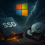 SSD and HDD on cracked ground with a stormy sky background.