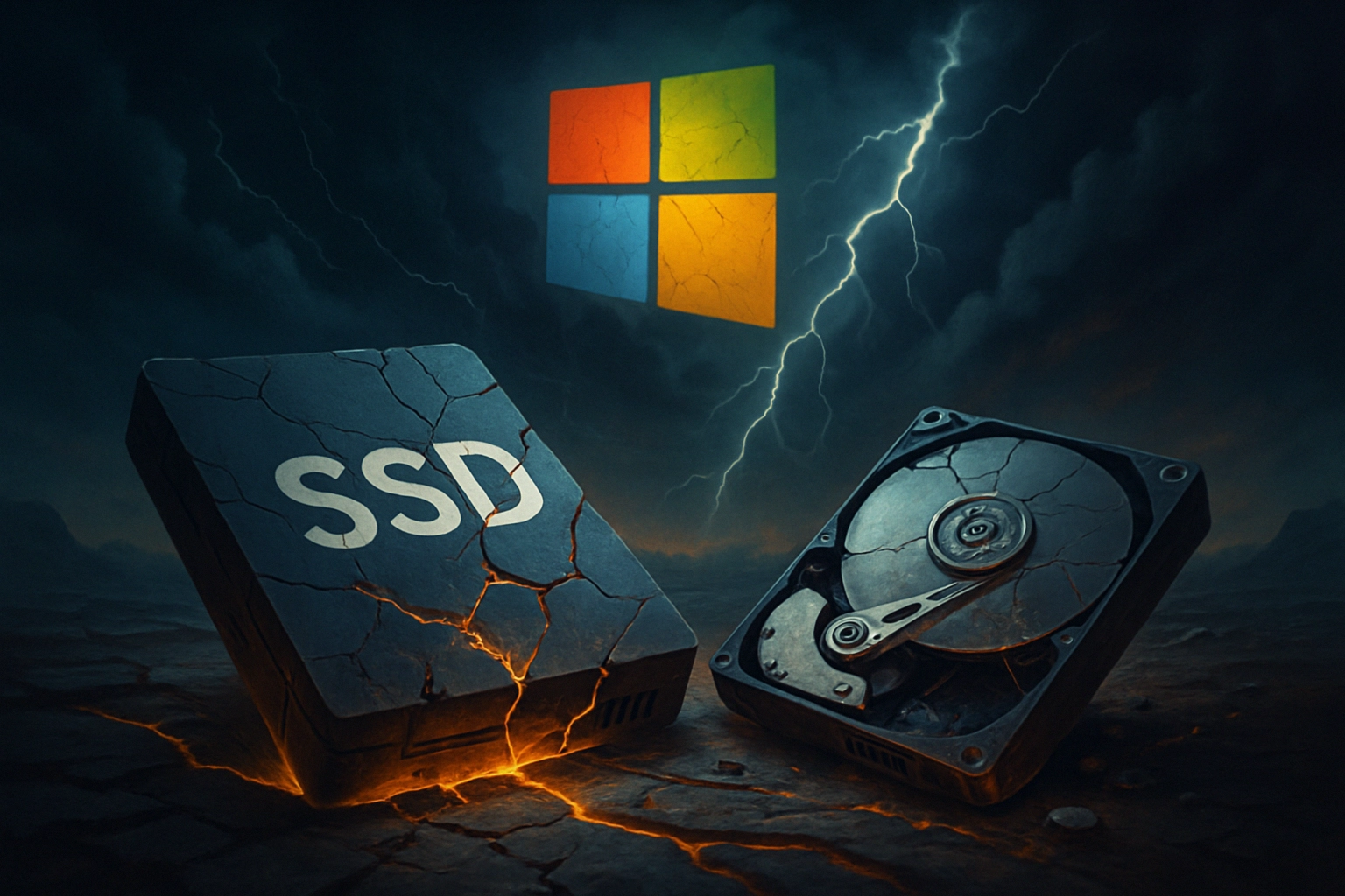 Два накопителя: SSD с трещинами и жесткий диск на фоне шторма.