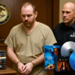 Man in handcuffs stands in court next to a U.S. Marshal, surrounded by DVDs.