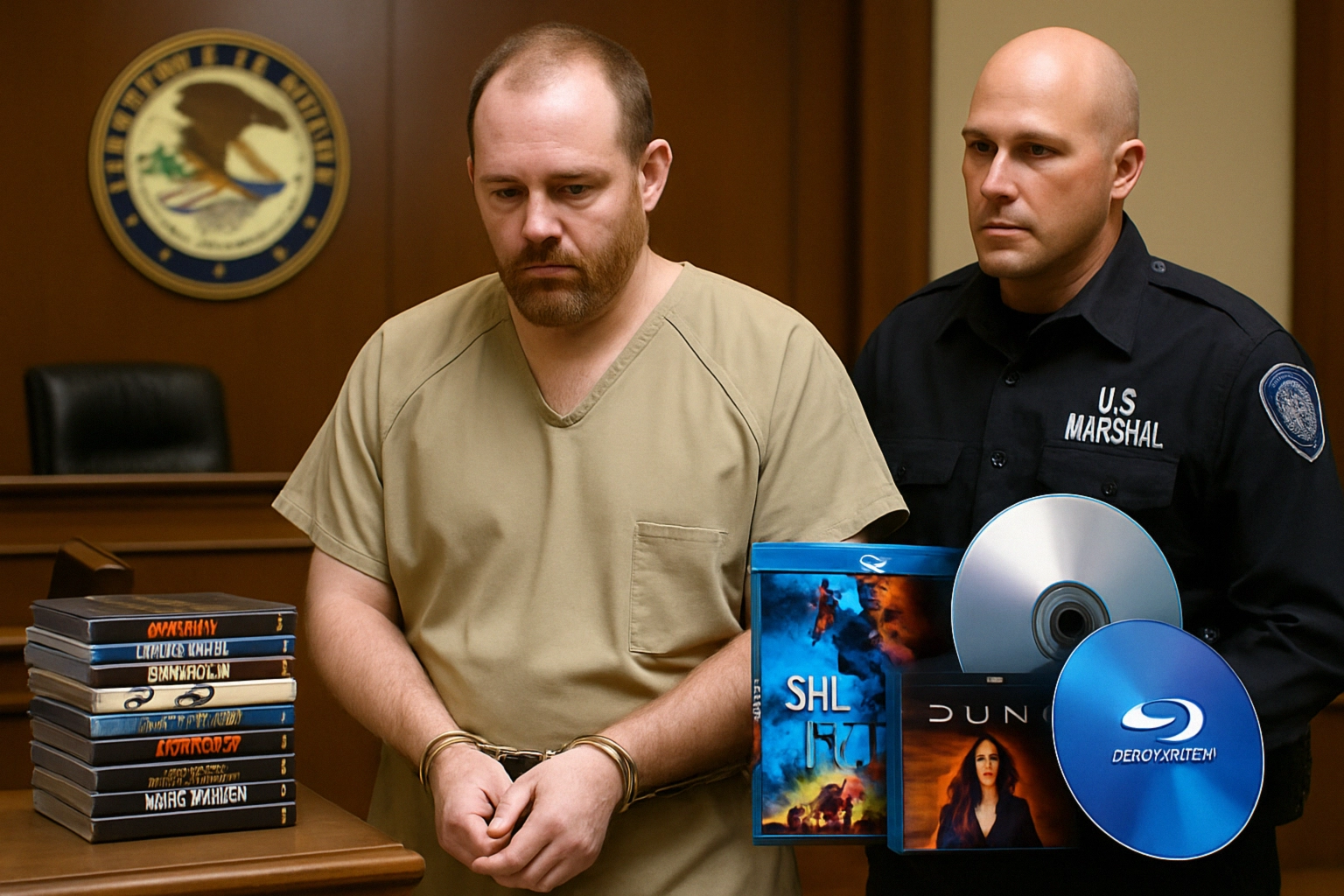 Man in handcuffs stands in court next to a U.S. Marshal, surrounded by DVDs.