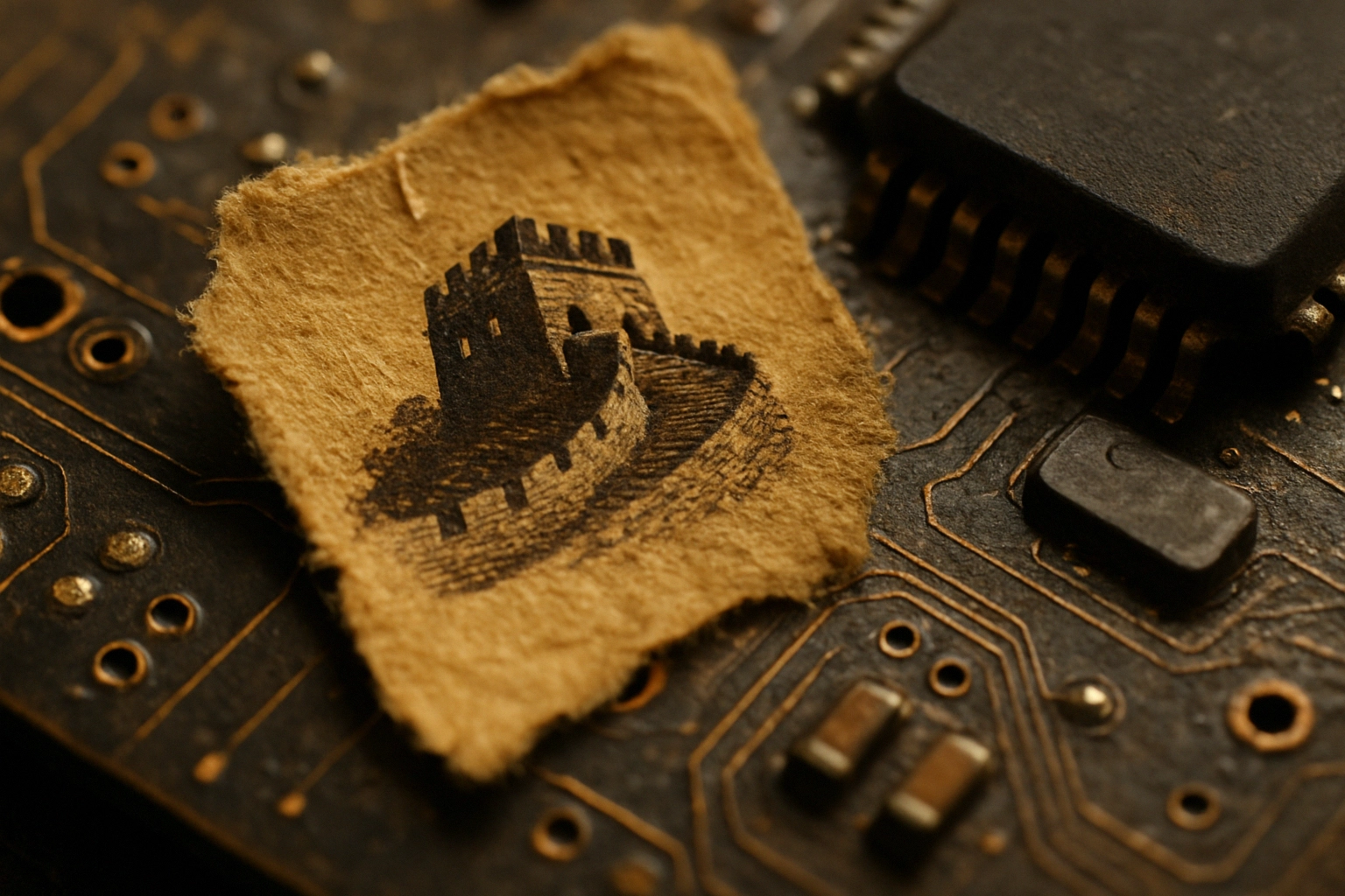 Vintage illustration of a castle on textured paper atop a dark circuit board.