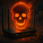 Router mit einer flammenden Totenkopf-Illustration und digitalem Hintergrund.