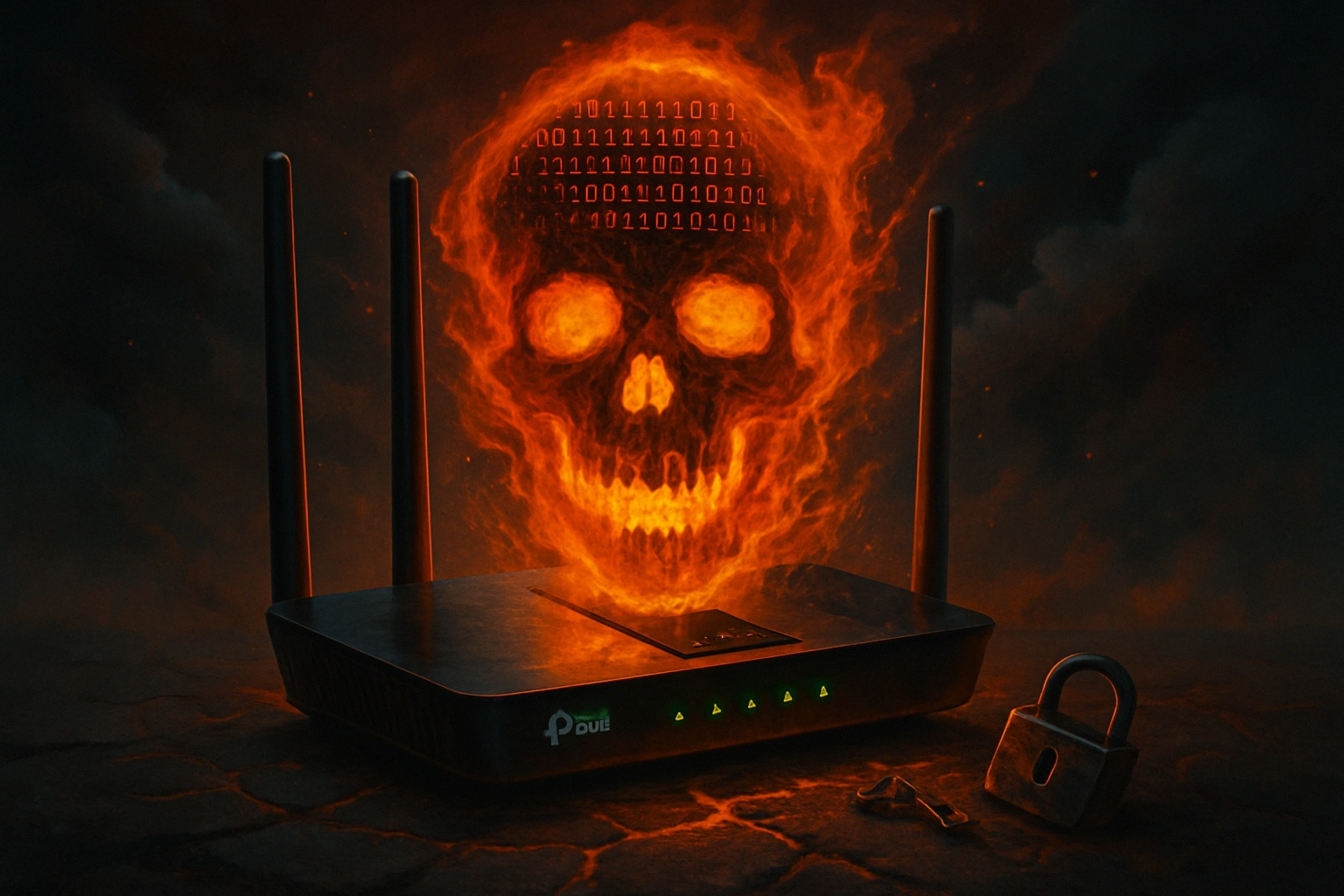 Router emitiendo un cráneo ardiente y números binarios en llamas.