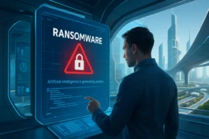 Mann betrachtet ein Fenster mit Warnmeldung zu Ransomware und KI.
