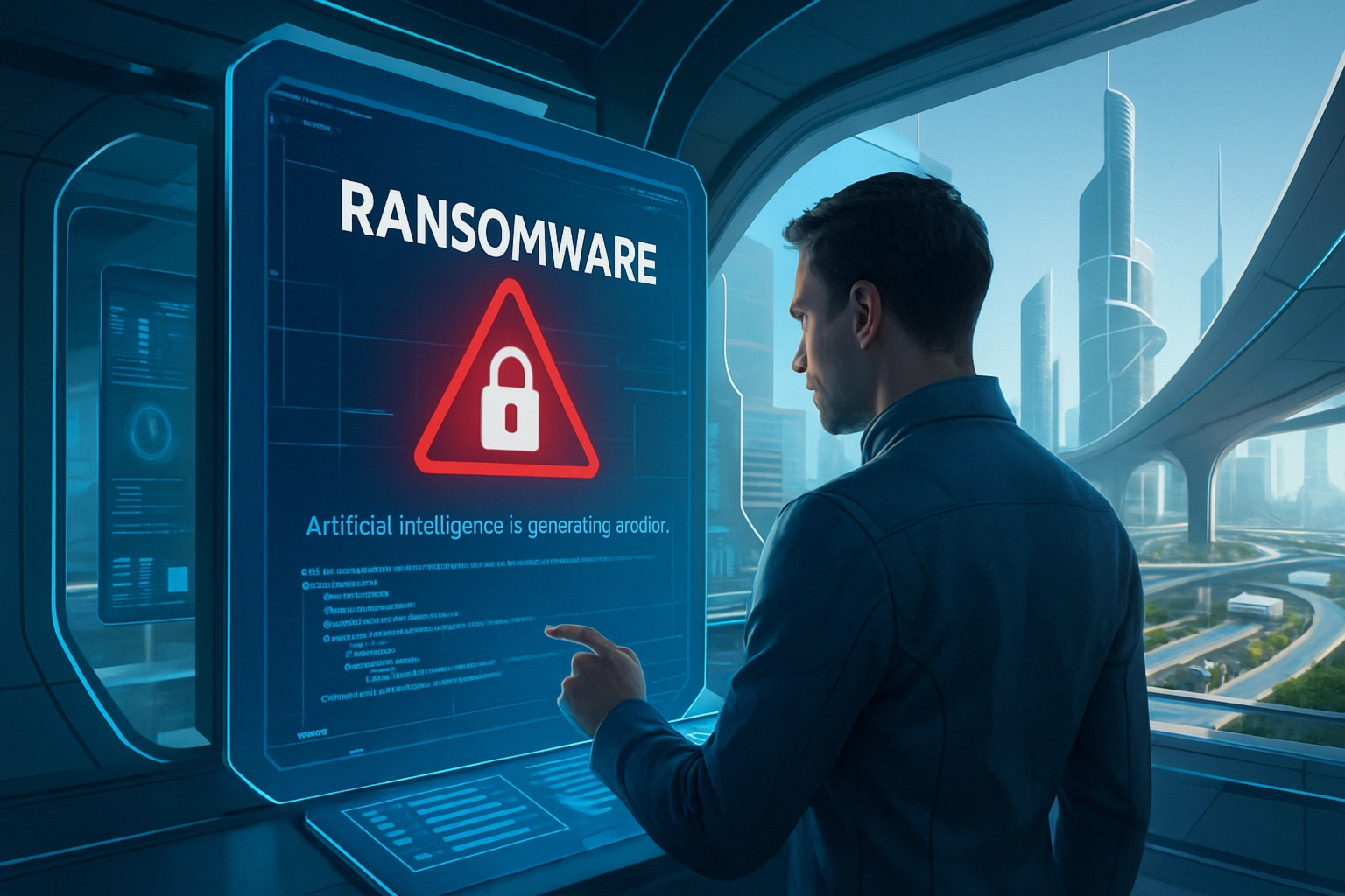 Mann betrachtet ein Fenster mit Warnmeldung zu Ransomware und KI.