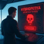 Man interacting with a security interface displaying a skull icon and warning message.