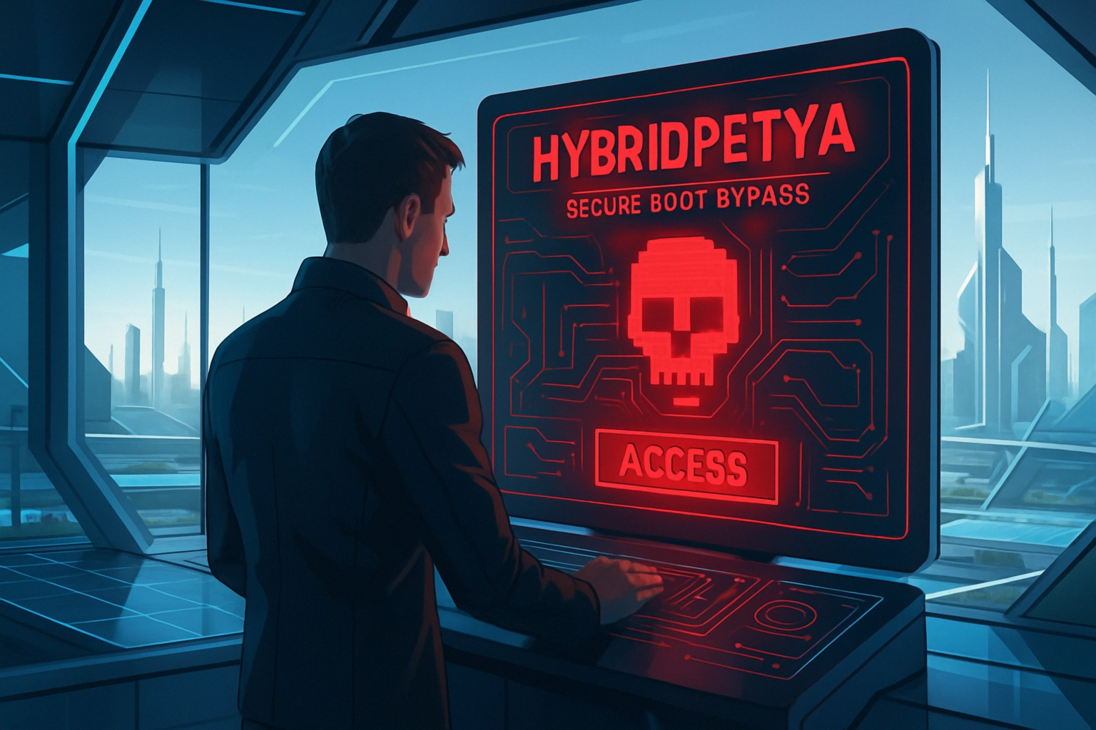 Man interacting with a security interface displaying a skull icon and warning message.