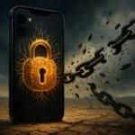 Smartphone displaying a glowing padlock surrounded by breaking chains.