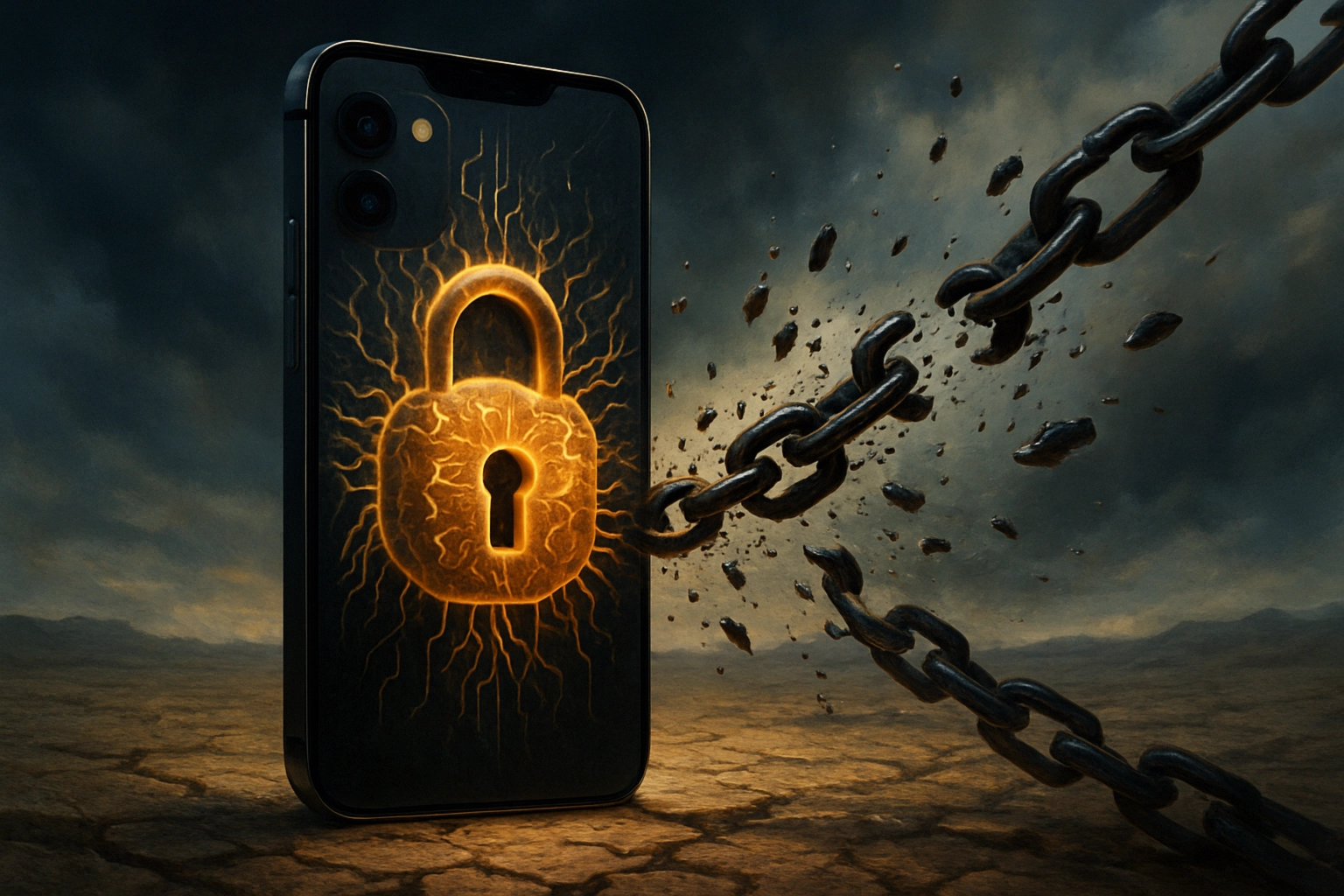 Smartphone displaying a glowing padlock surrounded by breaking chains.