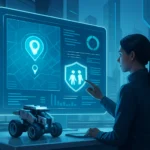 Frau in futuristischer Umgebung interagiert mit digitalem Bildschirm.