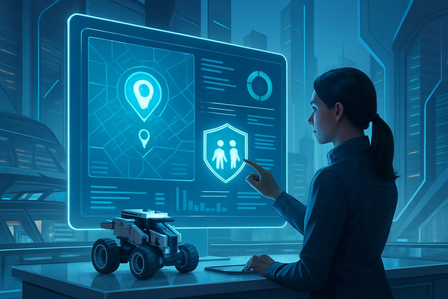 DOJ Sues Apitor Over Alleged COPPA Violations Linked to JPush SDK Geolocation Tracking Woman interacts with a holographic display featuring navigation and security elements.