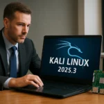 Hombre en traje trabajando en laptop con Kali Linux y dispositivos tecnológicos.