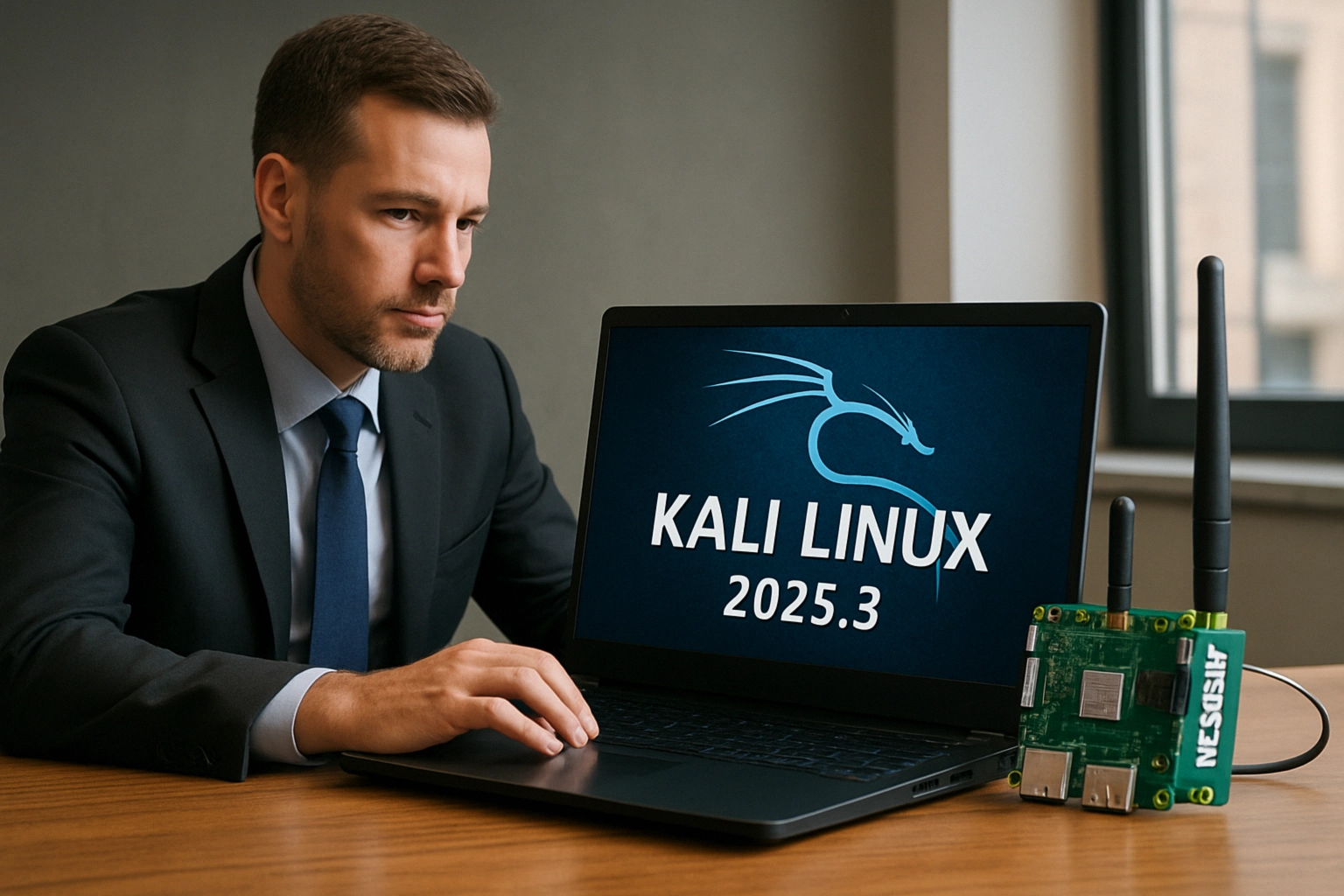 Businessman focused on laptop displaying Kali Linux 2025.3 with tech setup.