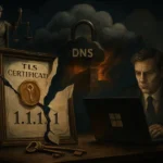 Мужчина за ноутбуком с сертификатом TLS и замком DNS на фоне.