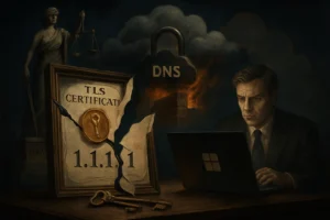 Незаконная выдача TLS‑сертификатов для 1.1.1.1: что произошло у Fina и чем это грозит Мужчина за ноутбуком с сертификатом TLS и замком DNS на фоне.