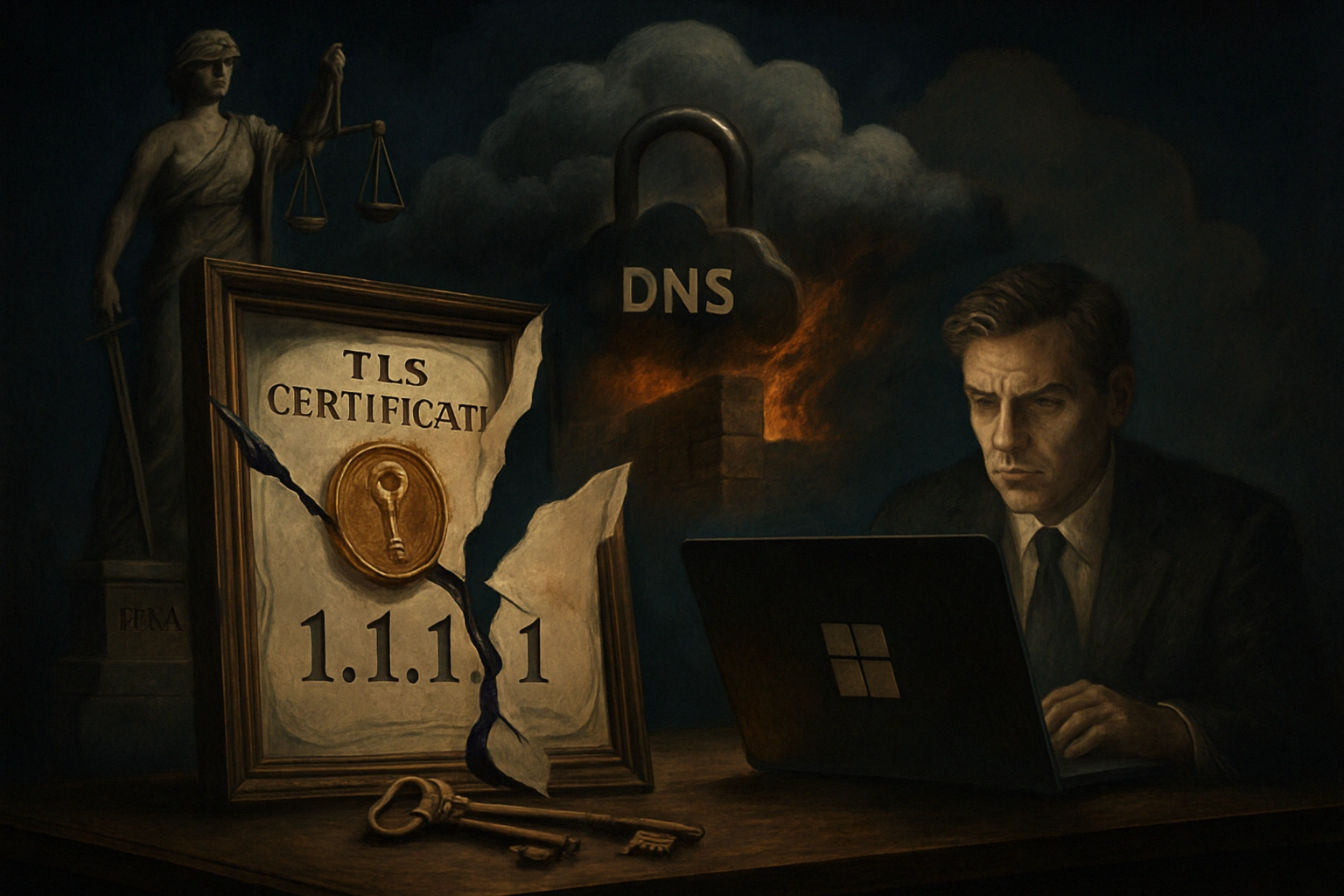 Мужчина за ноутбуком с сертификатом TLS и замком DNS на фоне.