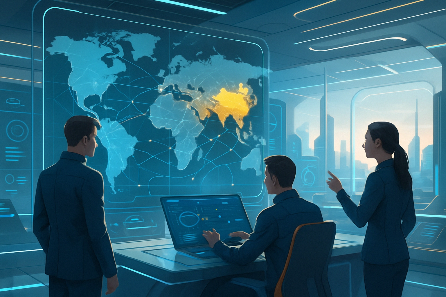 Three professionals analyze data on a futuristic digital world map.
