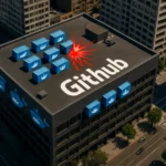 Tejas azules con logotipos de GitHub sobre un edificio urbano.