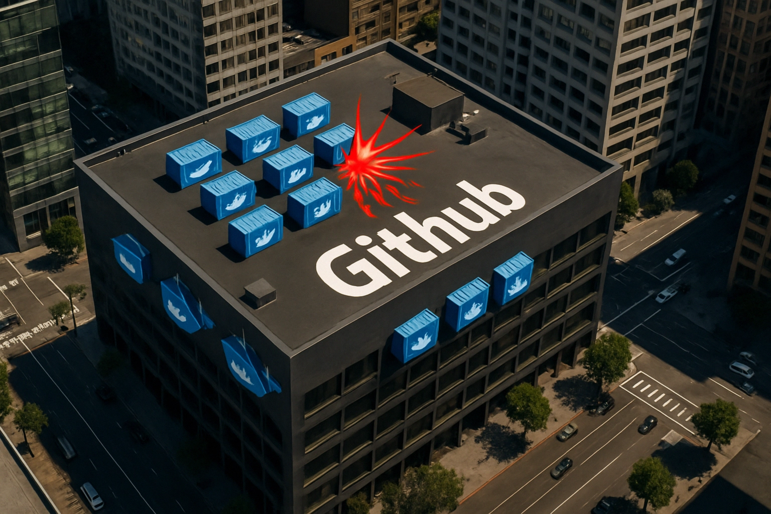 Rooftop view of a building featuring GitHub logo and blue containers.